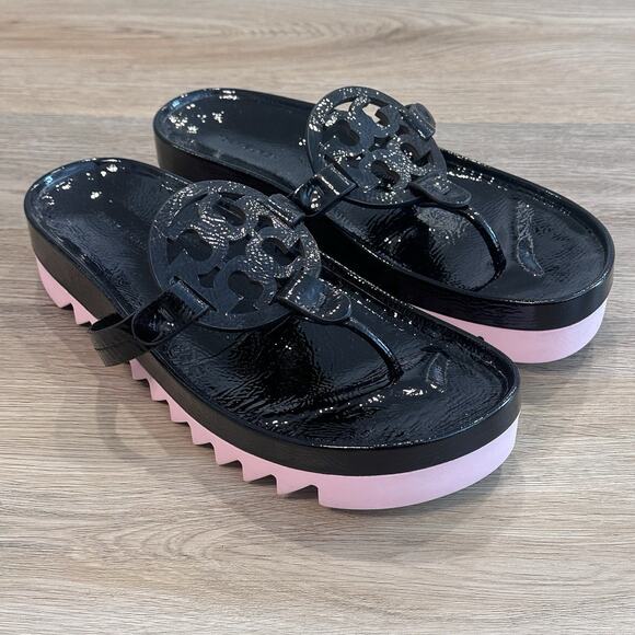 Tory Burch Miller Cloud Lug Sandals Women’s 9 Patent Leather Black Pink EUC - Picture 1 of 9